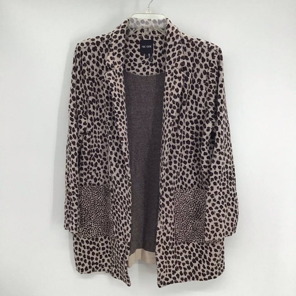 Nic + Zoe Savanna Leopard Print Knit Duster Blazer Jacket Creme Brown Size L